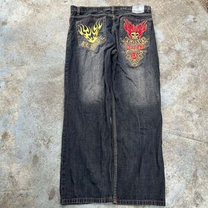 Y2k Red Ape Jeans Black Denim Jeans Flame Skull Embroidered Skater Baggy